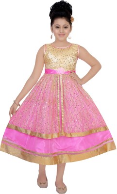 Saarah Girls Midi/Knee Length Party Dress(Pink, Sleeveless)