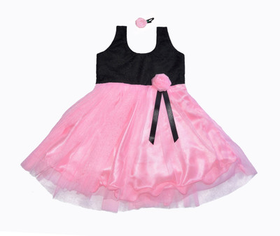 MVD Fashion Girls Midi/Knee Length Party Dress(Pink, Sleeveless, Black pink
