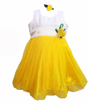 

MVD Fashion Girls Midi/Knee Length Party Dress(Yellow, Sleeveless, White and yellow