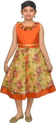 

Ssmitn Girls Midi/Knee Length Casual Dress(Multicolor, Sleeveless, Orange
