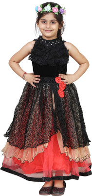 

Crazeis Girl's Midi/Knee Length Party Dress(Black, Sleeveless, Multicolor