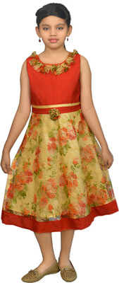 

Ssmitn Girls Midi/Knee Length Casual Dress(Multicolor, Sleeveless, Red
