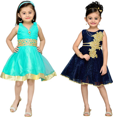 

Adiva Girls Midi/Knee Length Party Dress(Dark Blue, Sleeveless, Dark-blue-c-green
