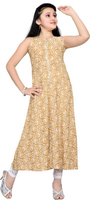 

Hunny Bunny Girls Maxi/Full Length Casual Dress(Multicolor, Sleeveless, Beige