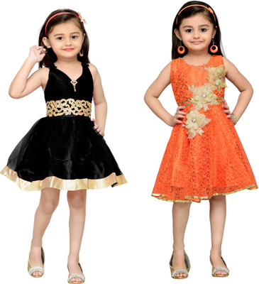 

Adiva Girls Midi/Knee Length Party Dress(Orange, Sleeveless, Orange& black