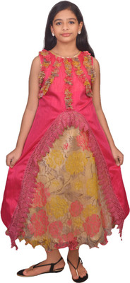 

Ssmitn Girls Maxi/Full Length Party Dress(Pink, Sleeveless, Rani & yellow