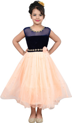 

P.R. Creation Girls Maxi/Full Length Party Dress(Blue, Sleeveless, Peach