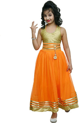 

Gungun Fashion Girls Maxi/Full Length Party Dress(Orange, Sleeveless)