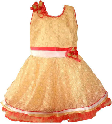 

All About Pink Girls Midi/Knee Length Party Dress(Gold, Sleeveless, Golden cream