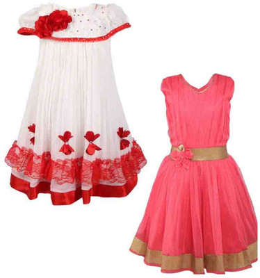 

La Bele Girls Midi/Knee Length Party Dress(Red, Cap Sleeve, Red & pink