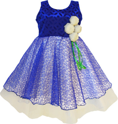 

MVD Fashion Girls Midi/Knee Length Party Dress(Blue, Sleeveless, White and blue
