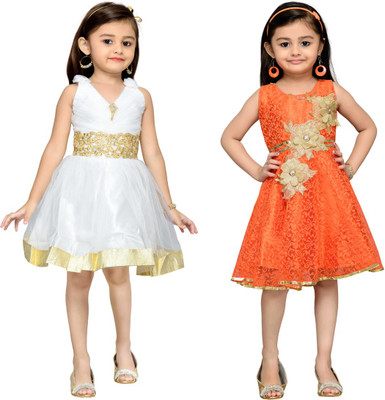 

Adiva Girls Midi/Knee Length Party Dress(Orange, Sleeveless, Orange& white