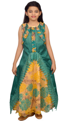 

Ssmitn Girls Maxi/Full Length Party Dress(Green, Sleeveless, Green & yellow
