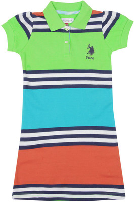 

US Polo Kids Girls Mini/Short Casual Dress(Multicolor, Half Sleeve, Me. green