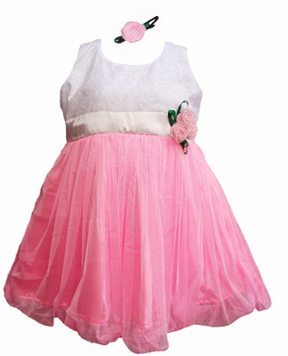 

MVD Fashion Girls Midi/Knee Length Party Dress(Pink, Sleeveless, White and pink