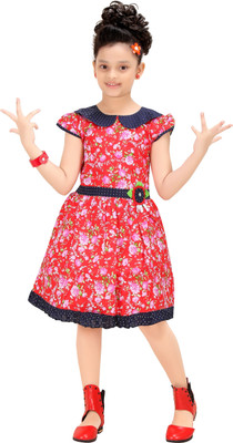 Trendy Girls Girls Midi/Knee Length Party Dress(Red, Cap Sleeve