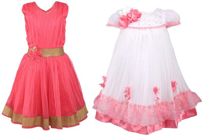 

La Bele Girl's Midi/Knee Length Party Dress(Pink, Cap sleeve, Baby pink white & pink