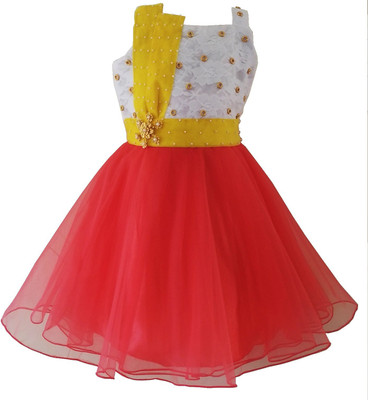

Angel Wears Girls Midi/Knee Length Party Dress(White, Sleeveless, Coral pink:white