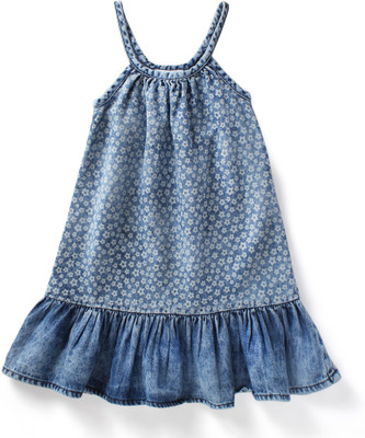 Eimoie Girls Midi/Knee Length Casual Dress(Blue, Sleeveless)