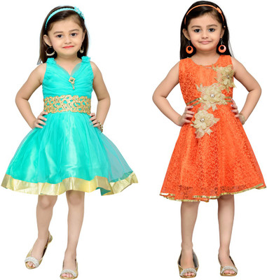 

Adiva Girls Midi/Knee Length Party Dress(Orange, Sleeveless, Orange& c-green