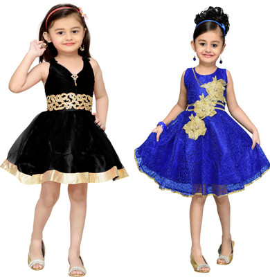 

Adiva Girls Midi/Knee Length Party Dress(Blue, Sleeveless, Blue & black