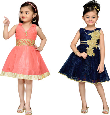 

Adiva Girls Midi/Knee Length Party Dress(Dark Blue, Sleeveless, Dark-blue-orange