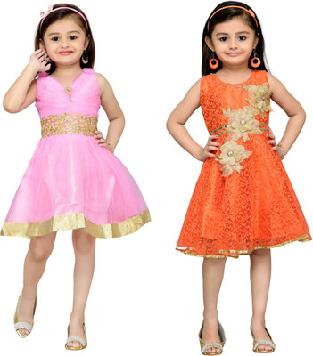 

Adiva Girls Midi/Knee Length Party Dress(Orange, Sleeveless, Orange& pink