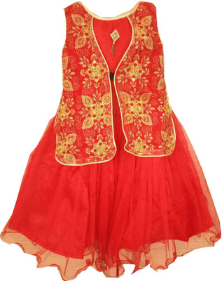

All About Pink Girls Midi/Knee Length Party Dress(Multicolor, Sleeveless, Red
