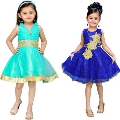 

Adiva Girls Midi/Knee Length Party Dress(Blue, Sleeveless, Blue & c-green