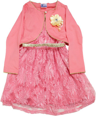 

612 League Girls Midi/Knee Length Casual Dress(Pink, Full Sleeve, Coral
