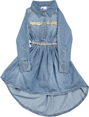 

612 League Girls Mini/Short Casual Dress(Blue, Roll-up Sleeve