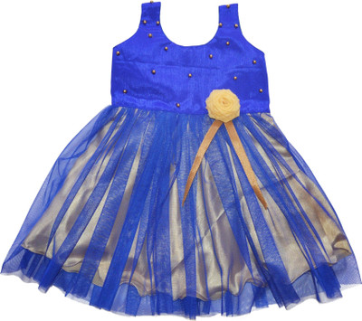 

MVD Fashion Girls Midi/Knee Length Party Dress(Blue, Sleeveless, Blue and gold