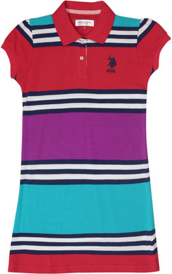 

US Polo Kids Girls Mini/Short Casual Dress(Multicolor, Half Sleeve, Dk. pink