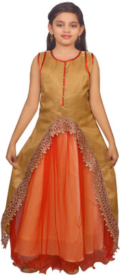 

Ssmitn Girls Maxi/Full Length Party Dress(Beige, Sleeveless, Beige & orange