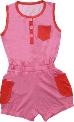 Play Club Dungaree For Girls Casual Solid Cotton(Pink, Pack of 1, Pink-red
