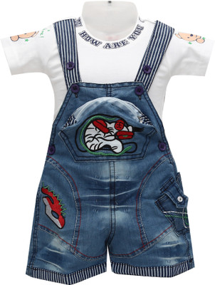 Baloons Dungaree For Baby Boys Casual Applique Cotton, Denim(White