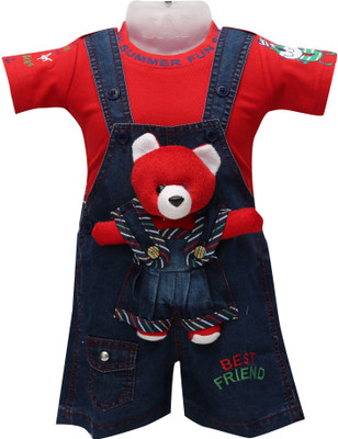 

Baloons Dungaree For Baby Boys & Baby Girls Casual Applique Cotton, Denim(Red