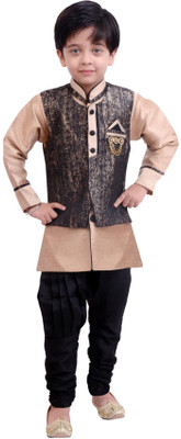 

Arshia Fashions Boys Kurta, Waistcoat and Breeches Set(Multicolor Pack of 1, Beige;black