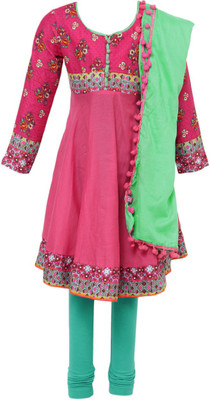 

BIBA girls Girls Kurta and Leggings Set(Green, Pnk