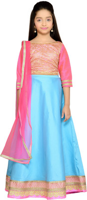 

K&U Girls Lehenga Choli Fusion Wear, Ethnic Wear Self Design Lehenga, Choli and Dupatta Set(Gold, Pack of 1), Gold/pink;blue