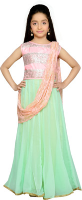 

K&U Girls Lehenga Choli Fusion Wear, Ethnic Wear Self Design Lehenga, Choli and Dupatta Set(Pink, Pack of 1), Pink;sea green