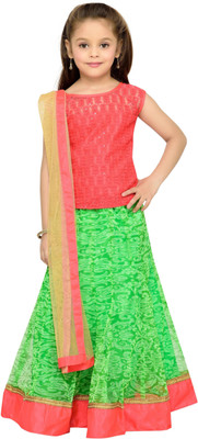 

Kay Girls Lehenga Choli Fusion Wear, Ethnic Wear Self Design Lehenga, Choli and Dupatta Set(Green, Pack of 1), Orange;green