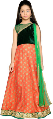 

K&U Girls Lehenga Choli Fusion Wear, Ethnic Wear Self Design Lehenga, Choli and Dupatta Set(Green, Pack of 1), Green;orange