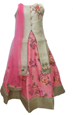 Pogo Girls Lehenga Choli Fusion Wear, Ethnic Wear Self Design Lehenga, Choli and Dupatta Set(Multicolor, Pack of 1, Fawn