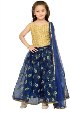 

Kay Girls Lehenga Choli Fusion Wear, Ethnic Wear Self Design Lehenga, Choli and Dupatta Set(Blue, Pack of 1), Gold;navy blue