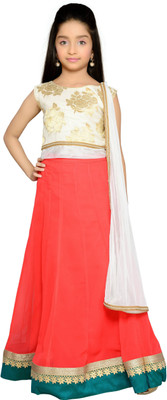 

K&U Girls Lehenga Choli Fusion Wear, Ethnic Wear Self Design Lehenga, Choli and Dupatta Set(White, Pack of 1), Offwhite;red