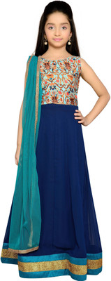

K&U Girls Lehenga Choli Fusion Wear, Ethnic Wear Self Design Lehenga, Choli and Dupatta Set(Blue, Pack of 1)