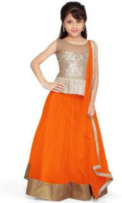 

New Look Girls Lehenga Choli Ethnic Wear Self Design Ghagra, Choli, Dupatta Set(Orange, Pack of 1