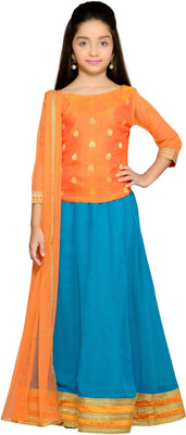 

K&U Girls Lehenga Choli Fusion Wear, Ethnic Wear Self Design Lehenga, Choli and Dupatta Set(Orange, Pack of 1), Orange;green