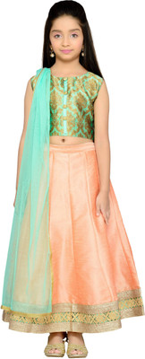 

K&U Girls Lehenga Choli Fusion Wear, Ethnic Wear Self Design Lehenga, Choli and Dupatta Set(Green, Pack of 1), Green;peach